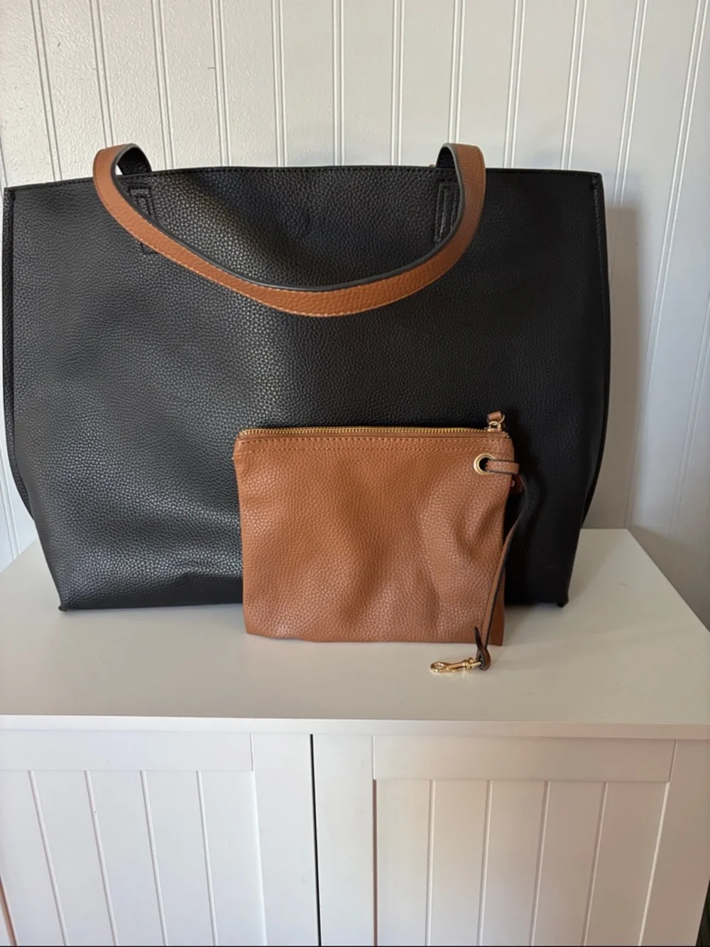 Large Black Leather Tote with Brown Accents